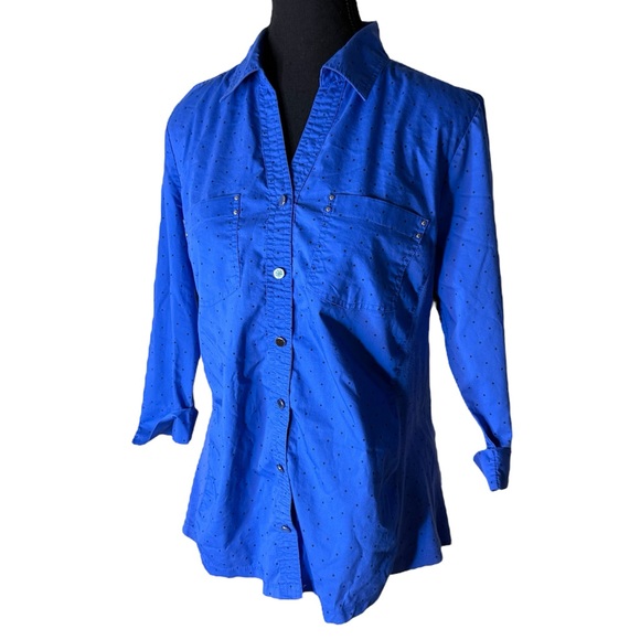 CROFT & BARROW Cobalt Blue Black Polka Dot Blouse Button Up Summer Medium - Picture 2 of 11